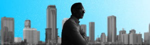 Silhouetted professional overlooking city skyline with dotted data pattern suggesting B2B insight.