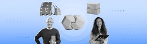 Two professionals collaborate using a tablet amid floating supply chain icons, boxes, and partnership symbols.