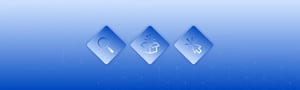 Clean blue gradient background with three floating diamond icons representing search, innovation, and digital interaction.