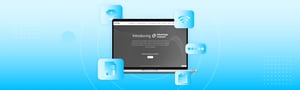 Laptop displaying Advantage LiveLens interface with floating data cloud and analytics icons