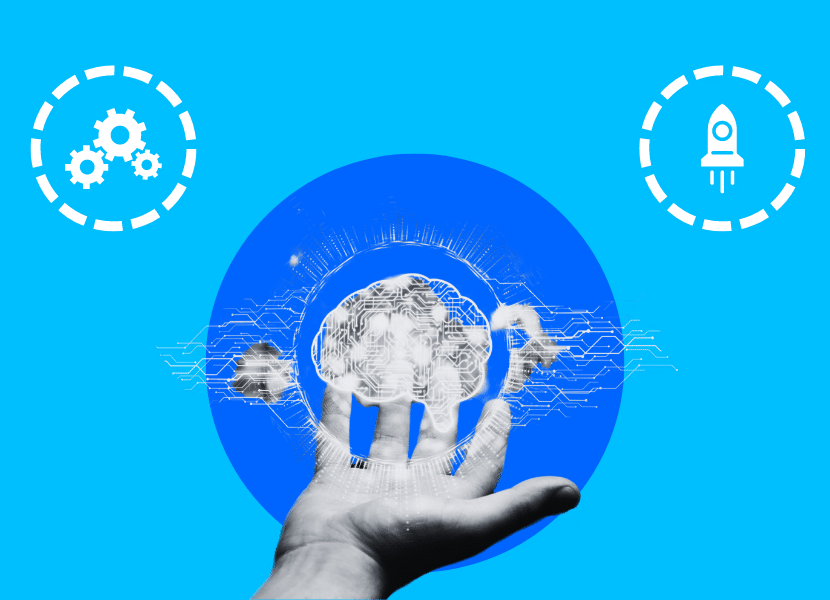 A digital AI hologram being used by a person's hands.