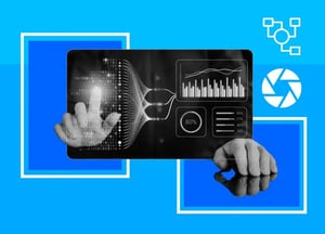 Interactive analytics interface with data charts, metrics, and AI network visuals on a modern B2B dashboard.