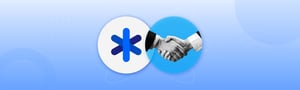 Business handshake over abstract icons on blue background symbolizing partnership and collaboration.