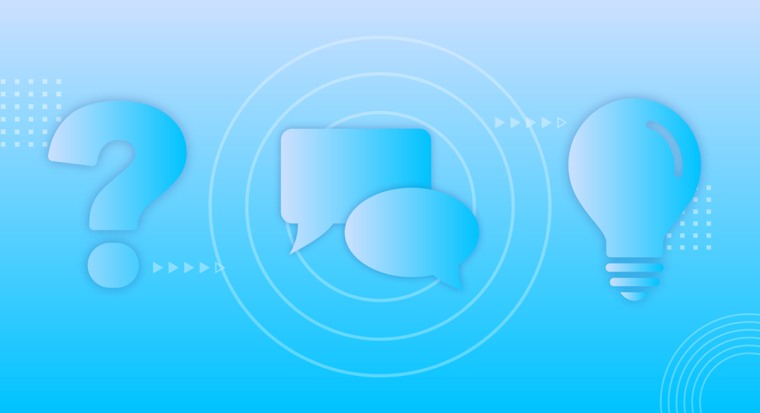 Continuous line drawing of a question mark, speech bubbles, and a light bulb, symbolizing conversation turning questions into insight. 