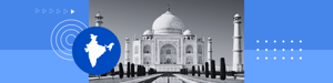 Black‑and‑white view of the Taj Mahal with reflecting pool and gardens on a blue graphic background.