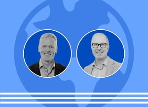 Side‑by‑side executive portrait graphics in circular frames on a blue corporate background.