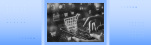 Hands using a smartphone with digital shopping cart and retail icons representing e‑commerce innovation