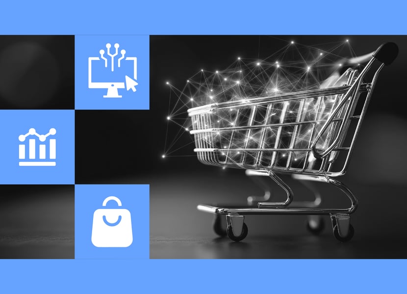 Shopping cart with digital network connections, representing e-commerce innovation