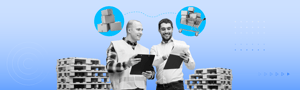 Two warehouse workers check tablets amid pallets and supply icons showing logistics flow.