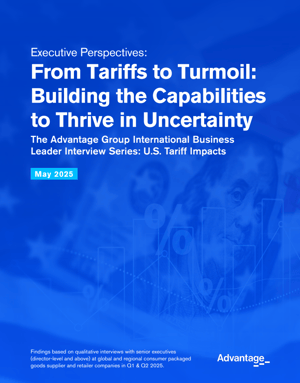 Cover image of From Tariffs to Turmoil report with blue data visuals and business graphics