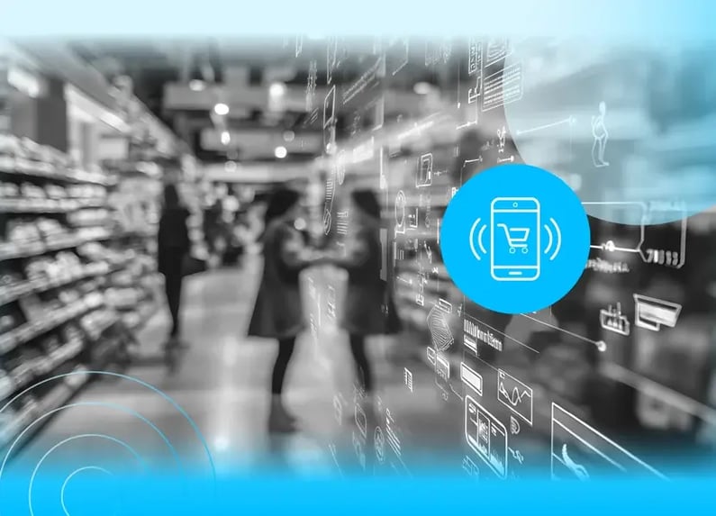 Shoppers in a grocery store browse shelves while a transparent digital screen displays data visuals, symbolizing the integration of retail media and personalized in-store technology.