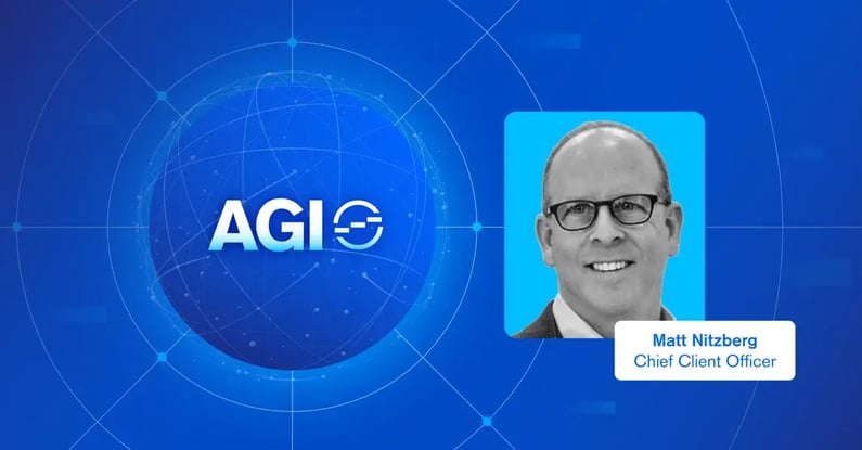 AGI-branded graphic featuring a digital globe backdrop and a professional profile card for a Chief Client Officer.