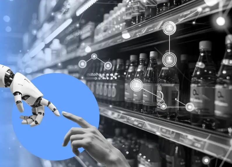 Shoppers in a grocery store browse shelves while a transparent digital screen displays data visuals, symbolizing the integration of retail media and personalized in-store technology.
