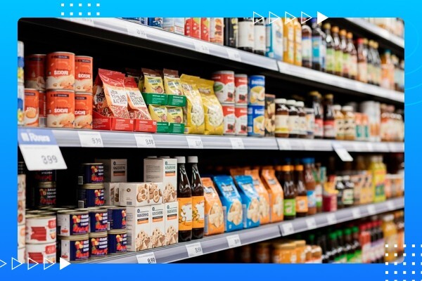 Supermarket shelf displaying a mix of branded and private label products, illustrating retail assortment.