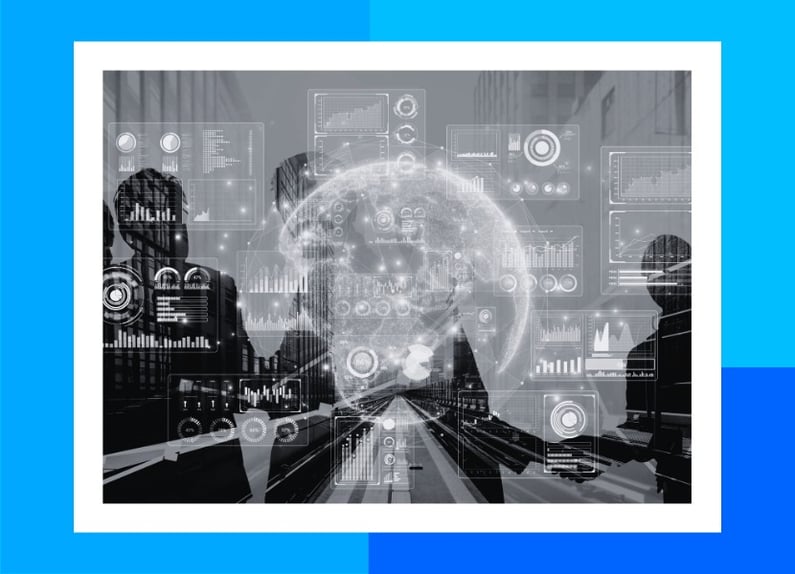 Corporate silhouettes with floating analytics elements, symbolizing global B2B insights.
