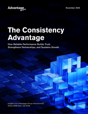 Cover image of The Consistency Advantage report with blue geometric blocks representing growth and trust