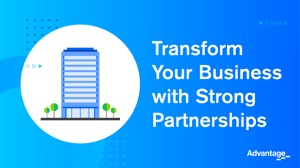 Video thumbnail illustrated building icon with text promoting business transformation through strong partnerships