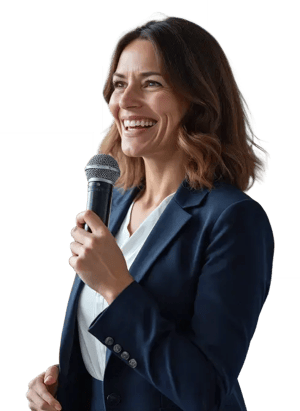 Professional speaking into a microphone during a business presentation or corporate event discussion.