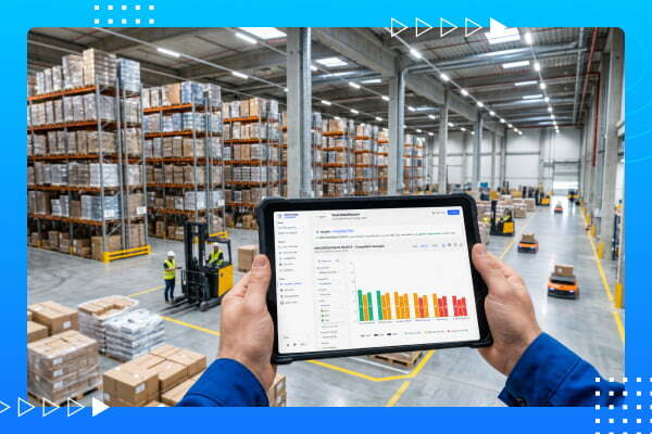 Tablet displaying warehouse inventory performance and operational metrics.