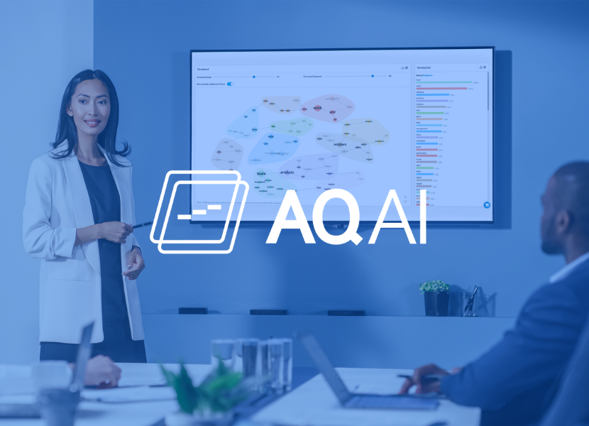 Business Professional in a boardroom setting sharing insights generated from AQAI (Advantage Qualitative Artificial Intelligence)
